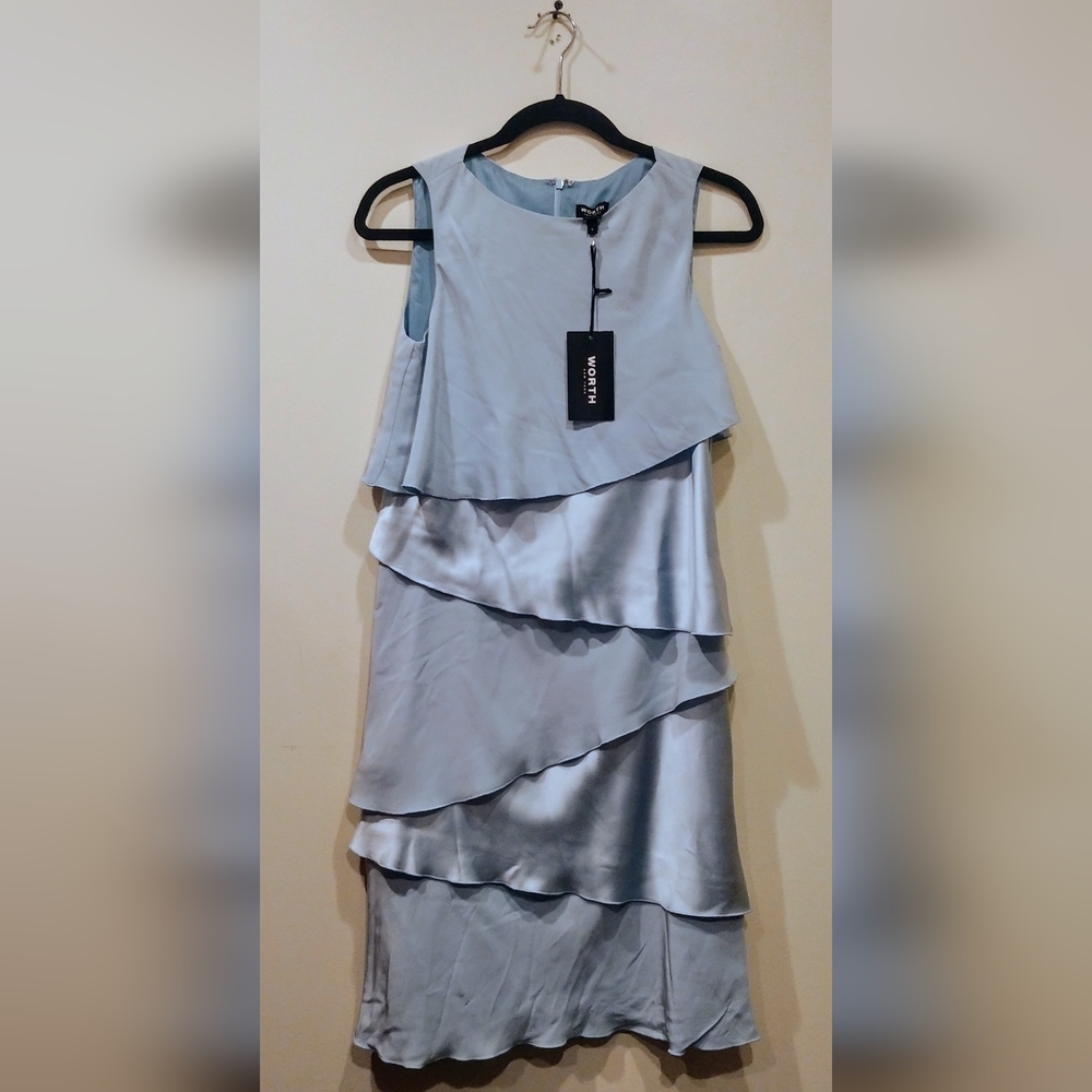 Worth Dress Blue Jay Charmeuse Tiered Silk